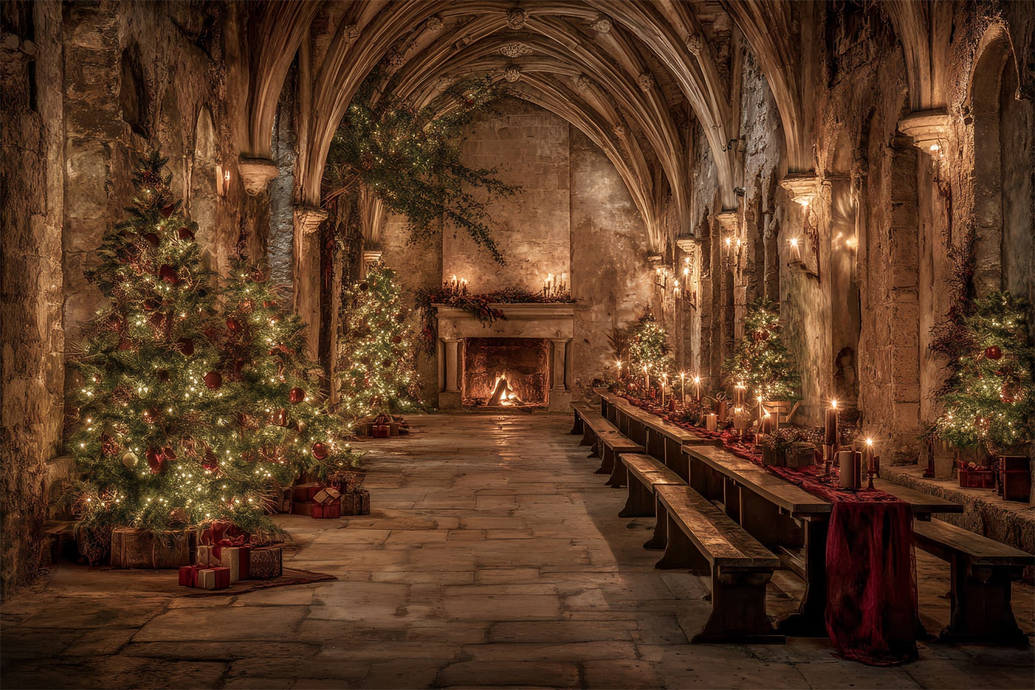KirchenFotohintergrund Mittelalterlicher Bankettsaal Weihnachten Professionelle Weihnachtshintergründe TWW59-112