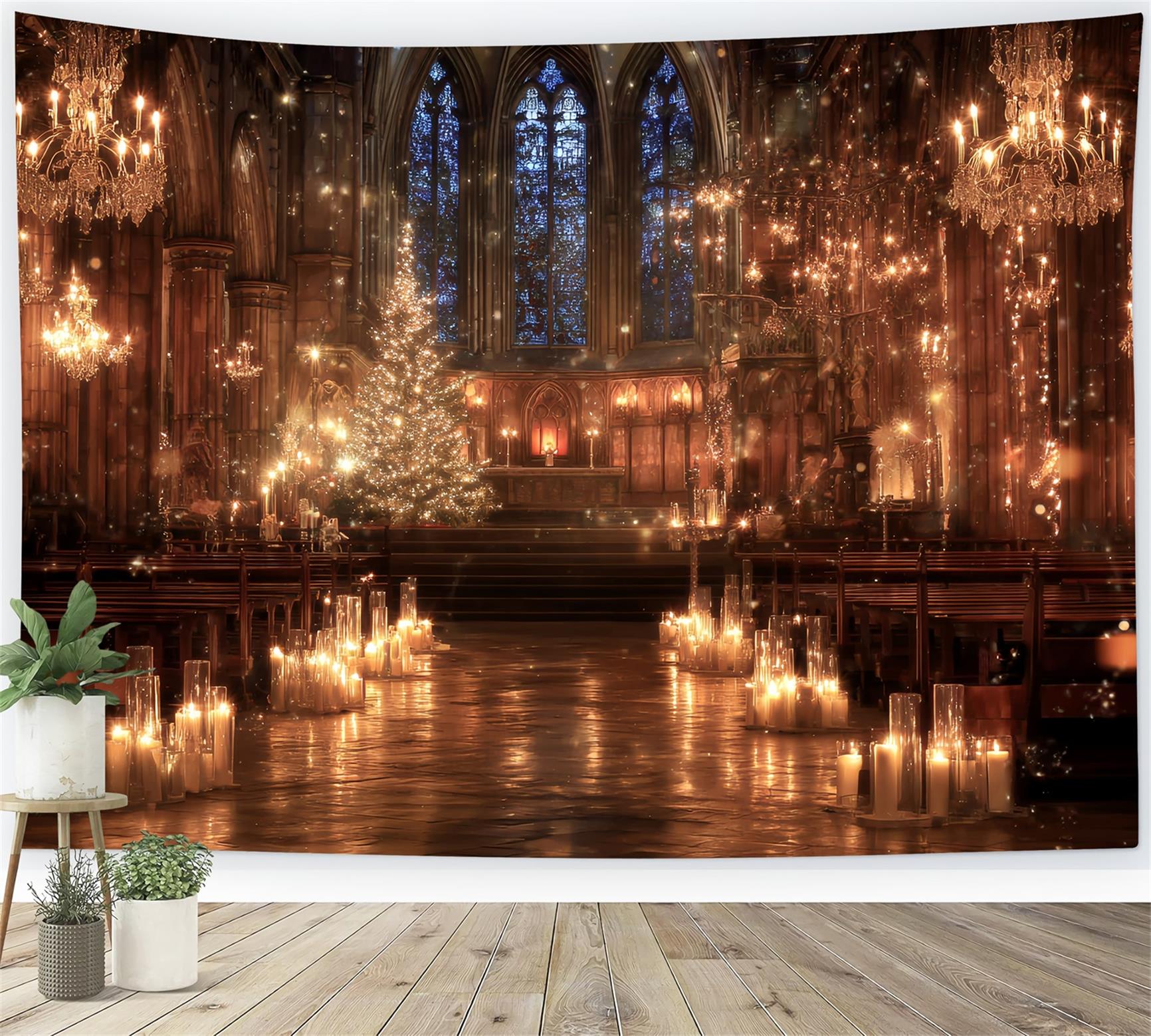 KirchenFotohintergrund Goldene Kerzenlicht-Kathedrale Magische Weihnachtsfotografie-Hintergründe TWW59-114