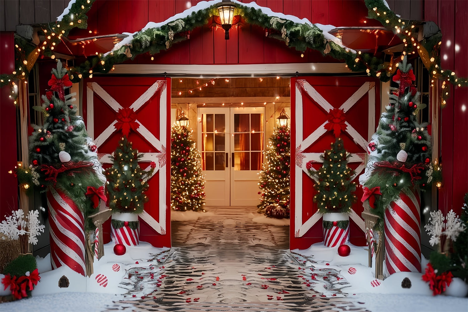 Weihnachtsbauernhof Fotohintergrund Rote Scheune Feiertagstor Weihnachtshintergründe TWW59-118