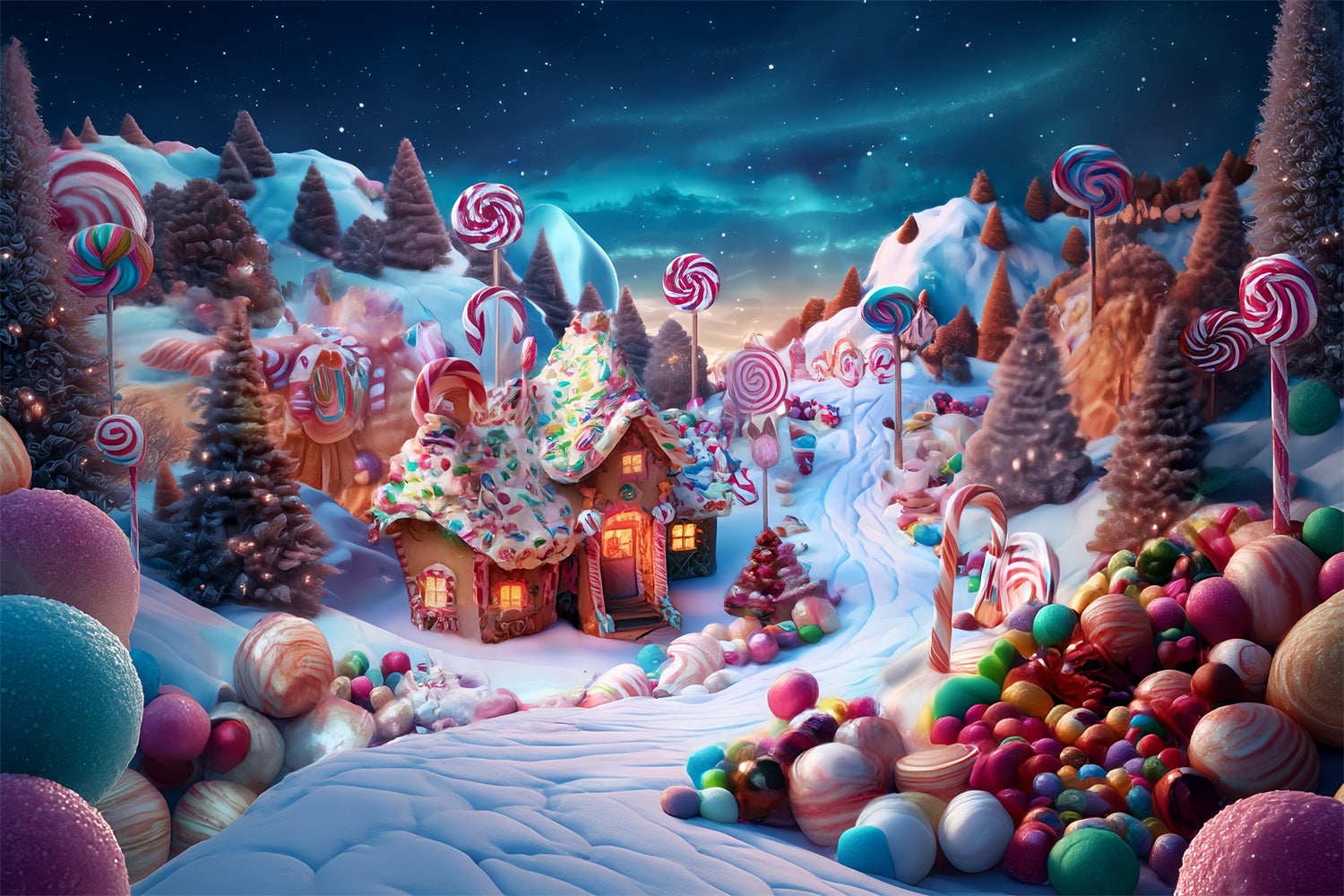 Candyland Fotohintergrund Candy Wonderland Lebkuchenhäuschen Weihnachtsfoto Fotohintergrund TWW59-119