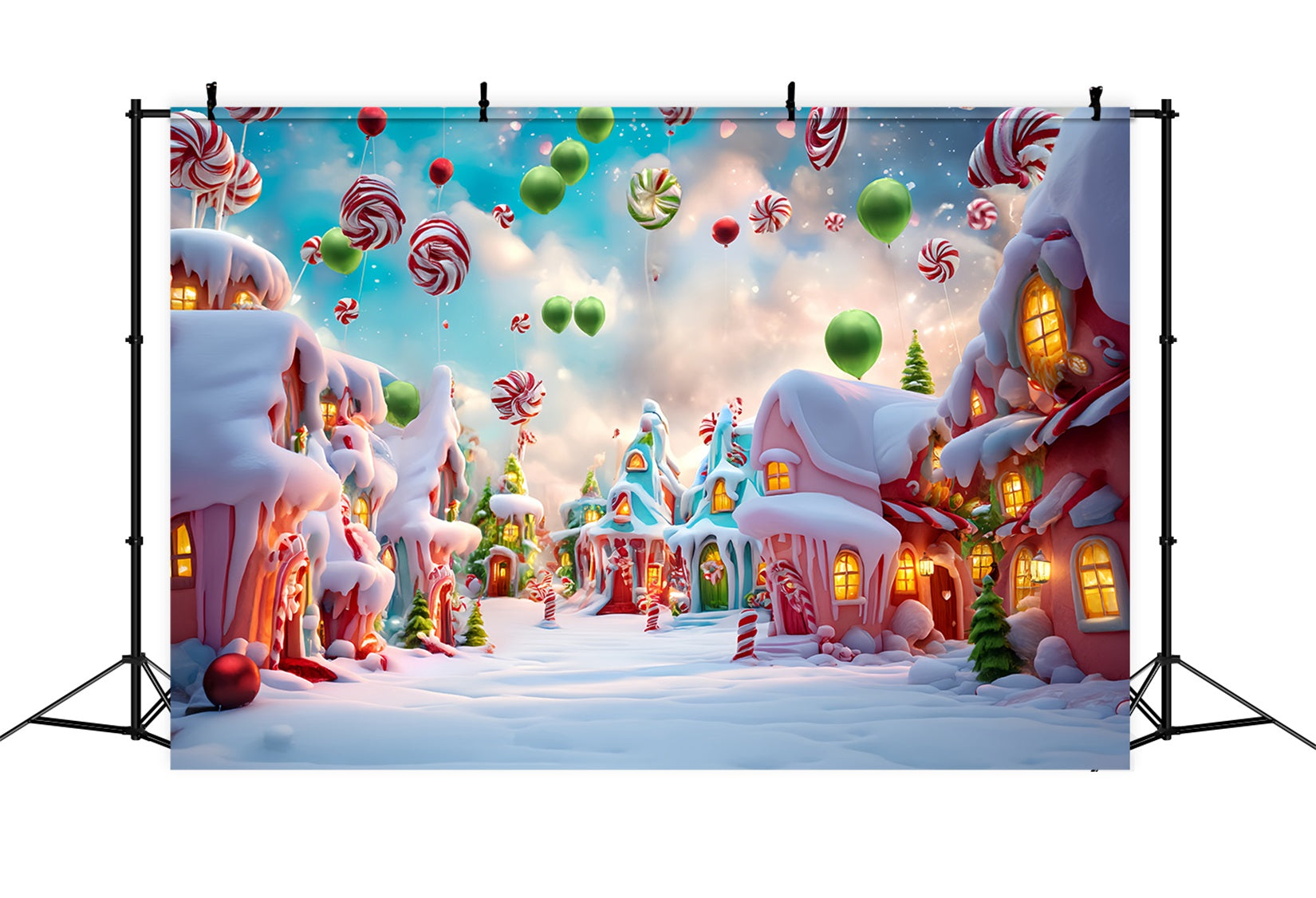 Candyland Fotohintergrund Bonbonballons Verschneites Dorf Weihnachtsfotografie-Hintergründe TWW59-121