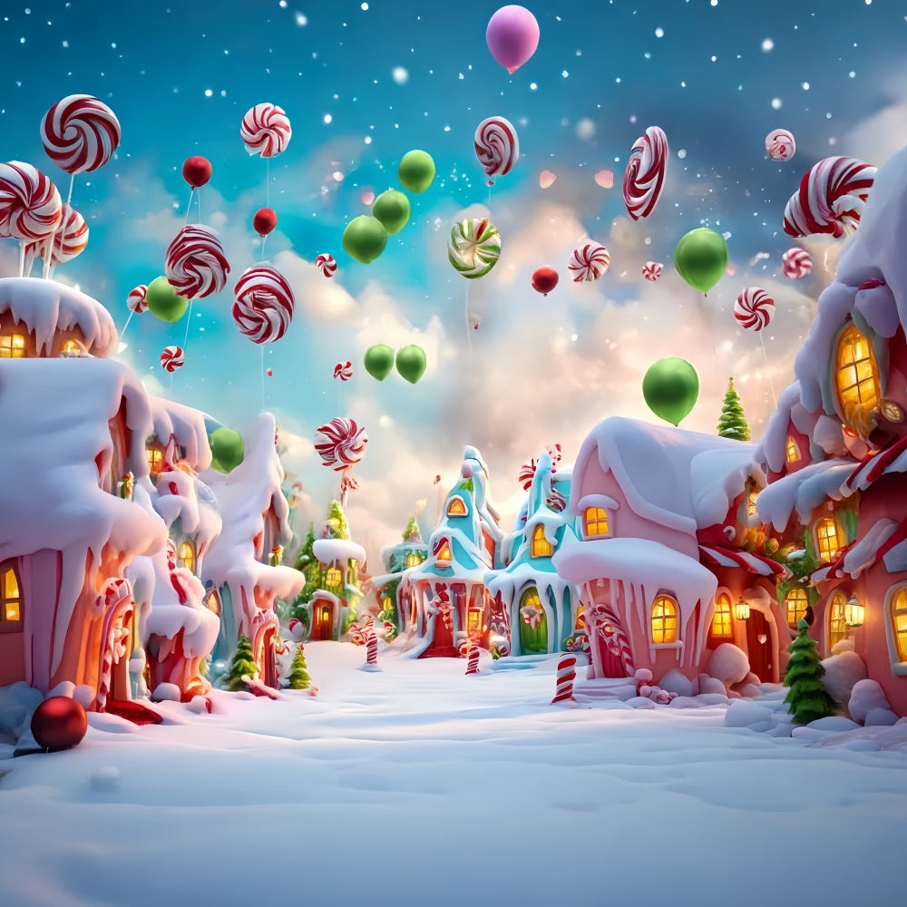 Candyland Fotohintergrund Bonbonballons Verschneites Dorf Weihnachtsfotografie-Hintergründe TWW59-121