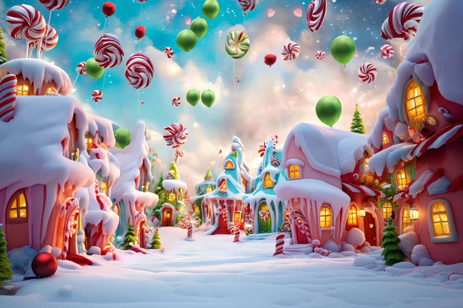 Candyland Fotohintergrund Bonbonballons Verschneites Dorf Weihnachtsfotografie-Hintergründe TWW59-121
