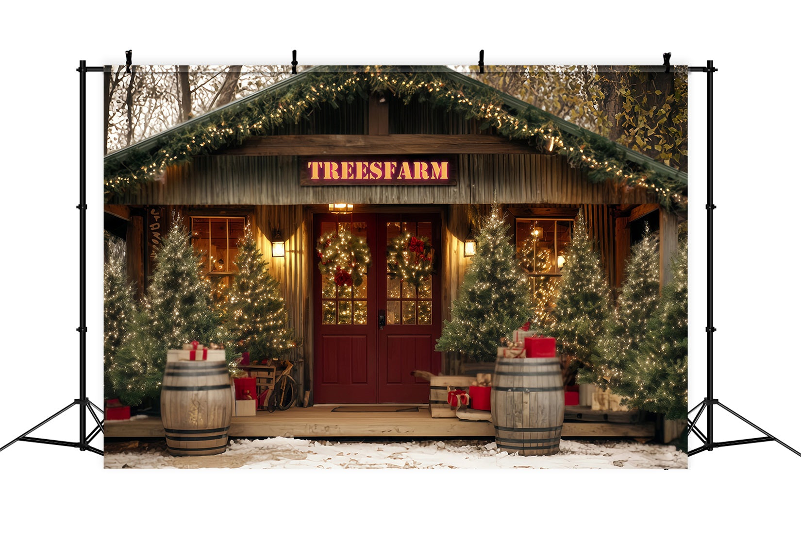 Weihnachtsbauernhof Fotohintergrund Rustikaler Baumhof-Eingang Weihnachtsfoto-Hintergründe TWW59-122