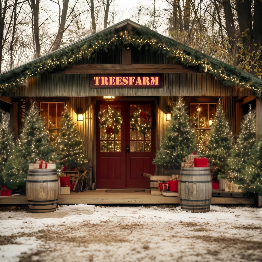 Weihnachtsbauernhof Fotohintergrund Rustikaler Baumhof-Eingang Weihnachtsfoto-Hintergründe TWW59-122