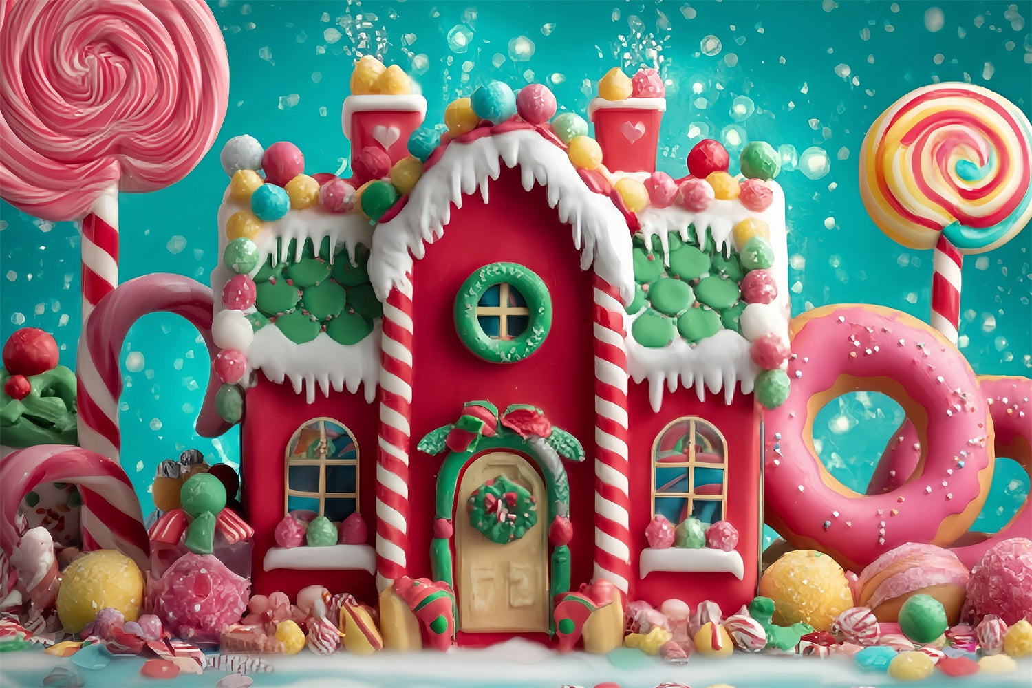 Candyland Fotohintergrund Süßes Lebkuchen-Bonbonhaus Weihnachtshintergründe für Fotos TWW59-123