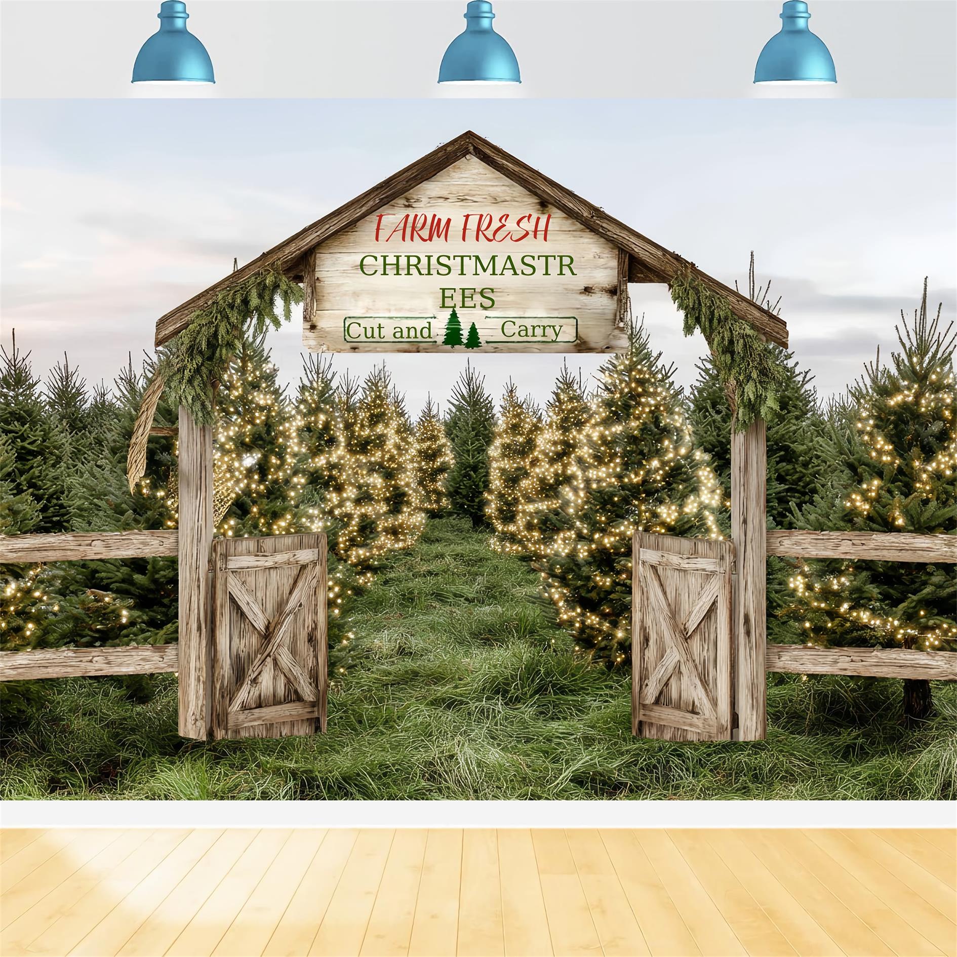 Weihnachtsbauernhof Fotohintergrund Bauernhof Frischer immergrüner Weg Professionelle Weihnachtshintergründe TWW59-124