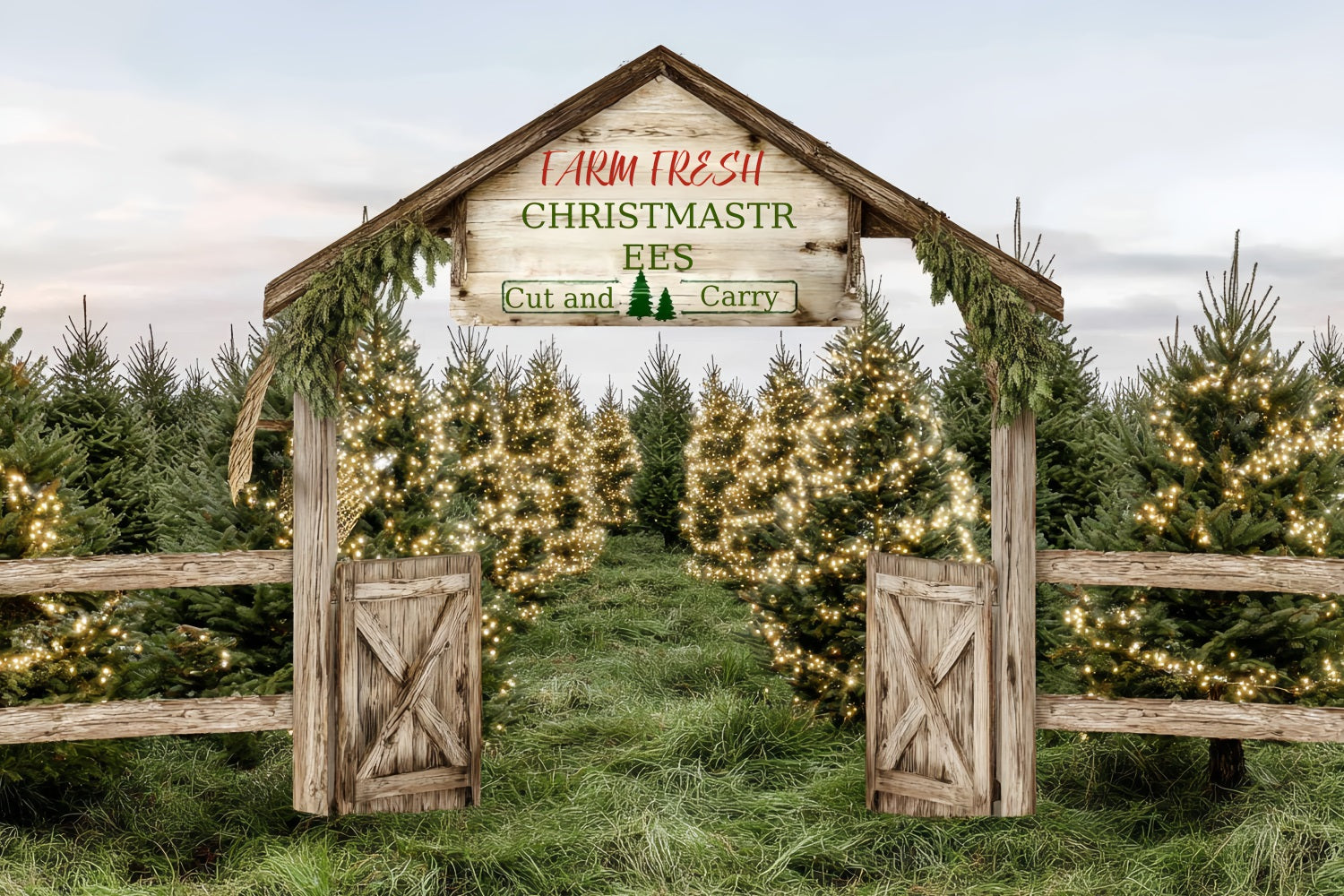 Weihnachtsbauernhof Fotohintergrund Bauernhof Frischer immergrüner Weg Professionelle Weihnachtshintergründe TWW59-124