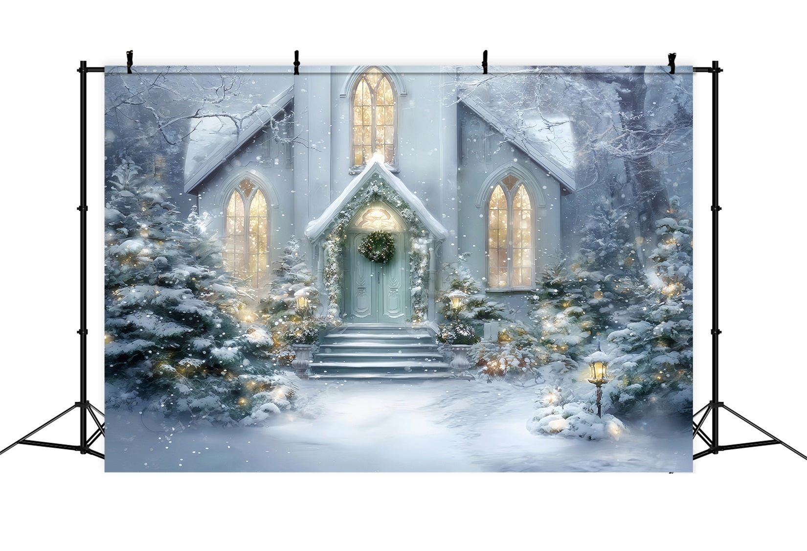 KirchenFotohintergrund Verschneiter Kircheneingang Leuchtender WeihnachtsFotohintergrund Fotografie TWW59-125