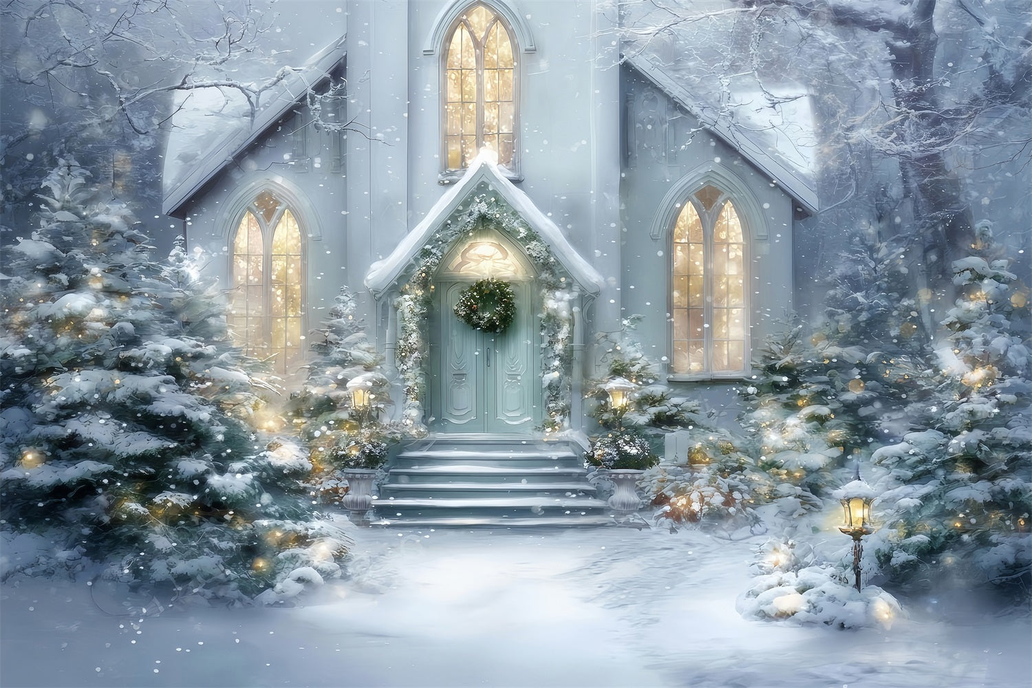 KirchenFotohintergrund Verschneiter Kircheneingang Leuchtender WeihnachtsFotohintergrund Fotografie TWW59-125