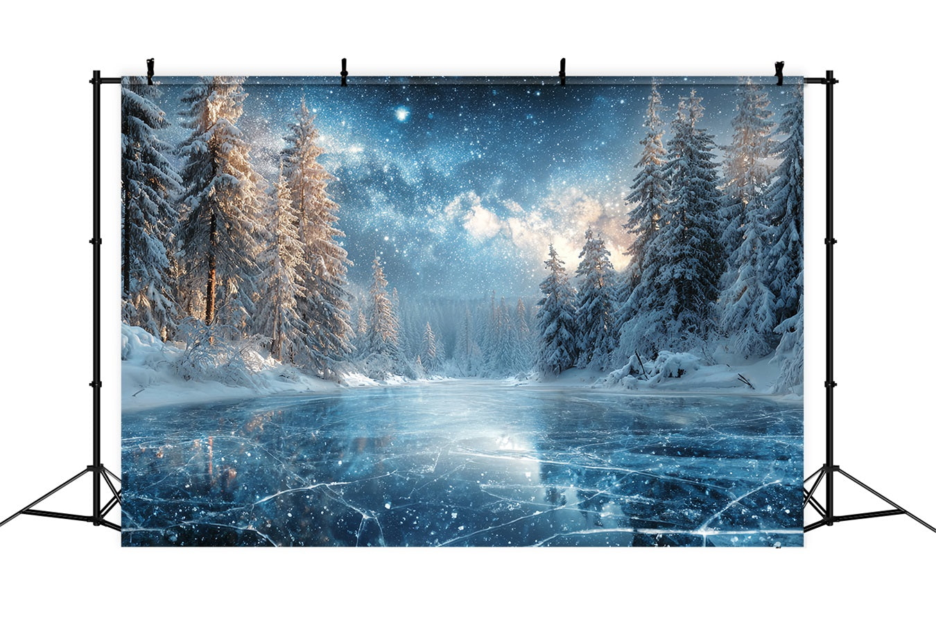 Winterwaldhintergrund Gefrorener See Sternennacht Verschneiter Waldfotohintergrund TWW59-129