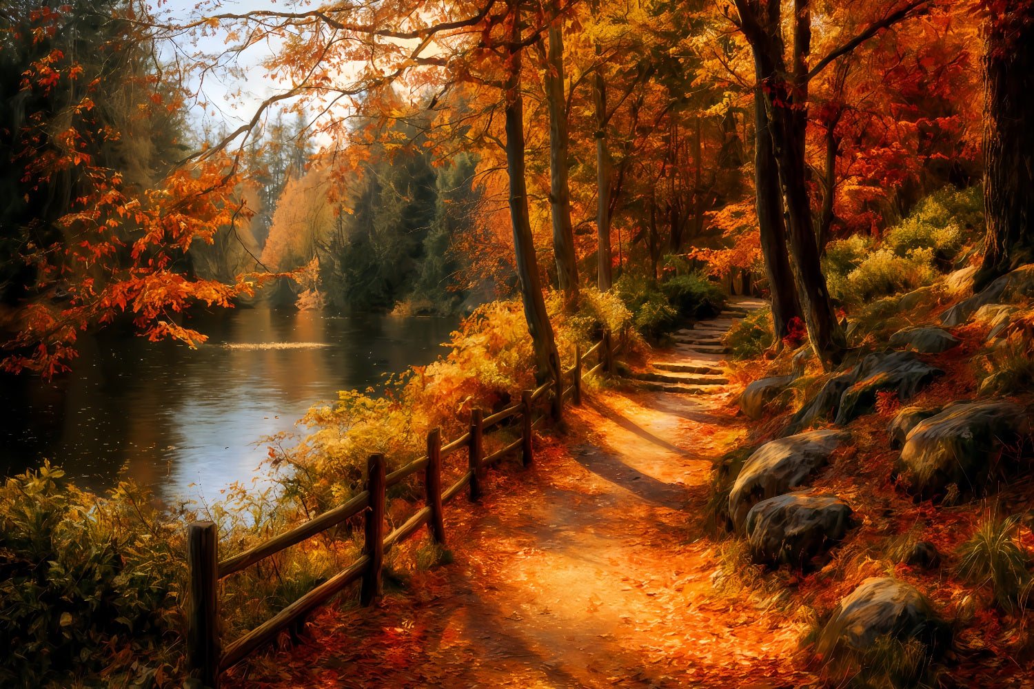Herbstwald-Fotohintergrund Malerischer Waldweg am Flussufer Herbstwald-Fotohintergrund TWW59-139