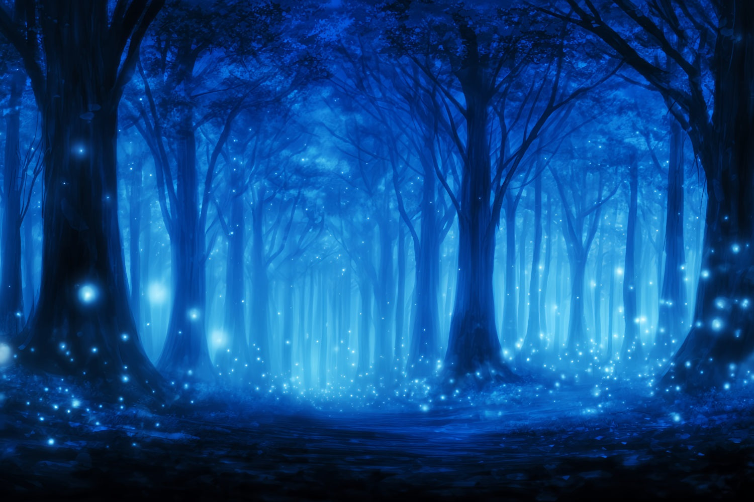 Dunkler Wald-Fotohintergrund Blauer verzauberter Wald mit Glühwürmchen Nachtwald-Fotohintergrund TWW59-140