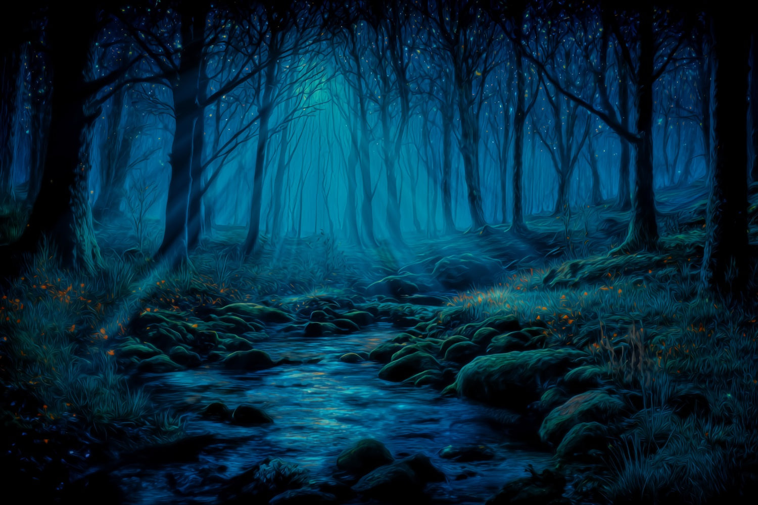 Spukwald-Fotohintergrund Mondbeschienener Bach Mystischer Wald-Fotohintergrund TWW59-142