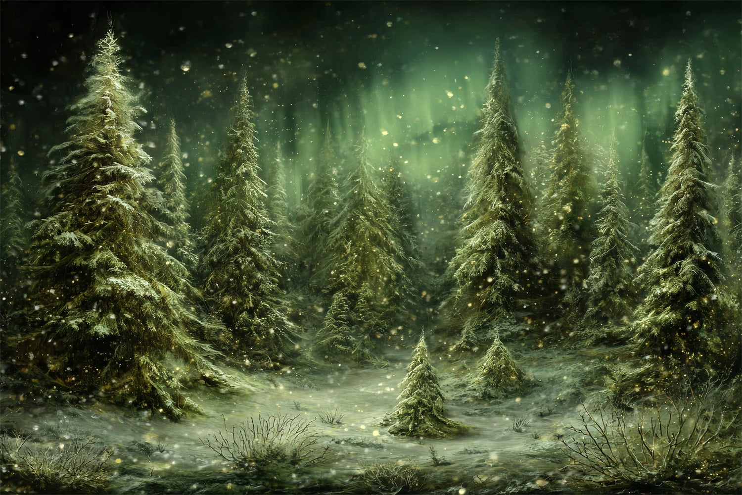 Kiefernwald-Fotohintergrund Verschneite Bäume Nordlichter Verschneiter Wald-Fotohintergrund TWW59-143