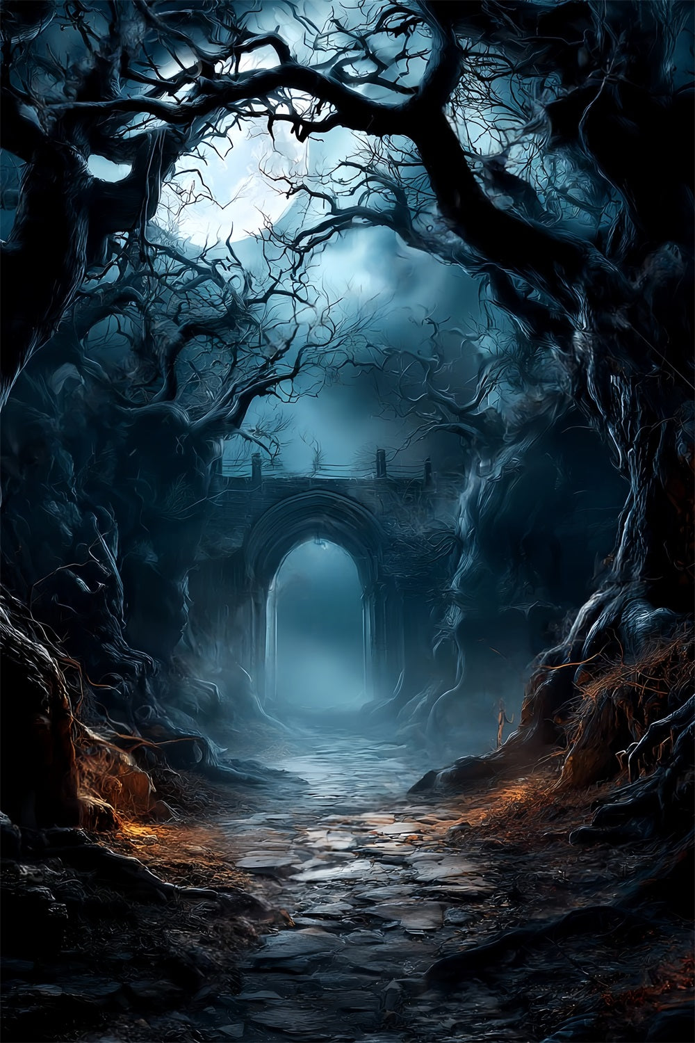 Gruseliger Wald-Fotohintergrund Spukiger Torbogen Mondbeschienener Weg Dunkler Wald-Fotohintergrund TWW59-144