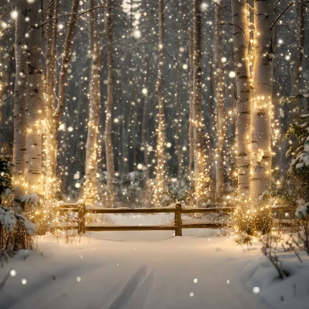 Nachtwald-Fotohintergrund Verschneite Birken Funkelnde Lichter Winterwald-Fotohintergrund TWW59-157