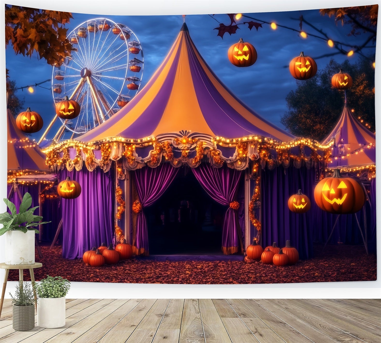 Halloween-Zirkus-Fotohintergrund Lila Kürbislaterne Zirkus-Fotohintergrund-Ideen TWW59-18