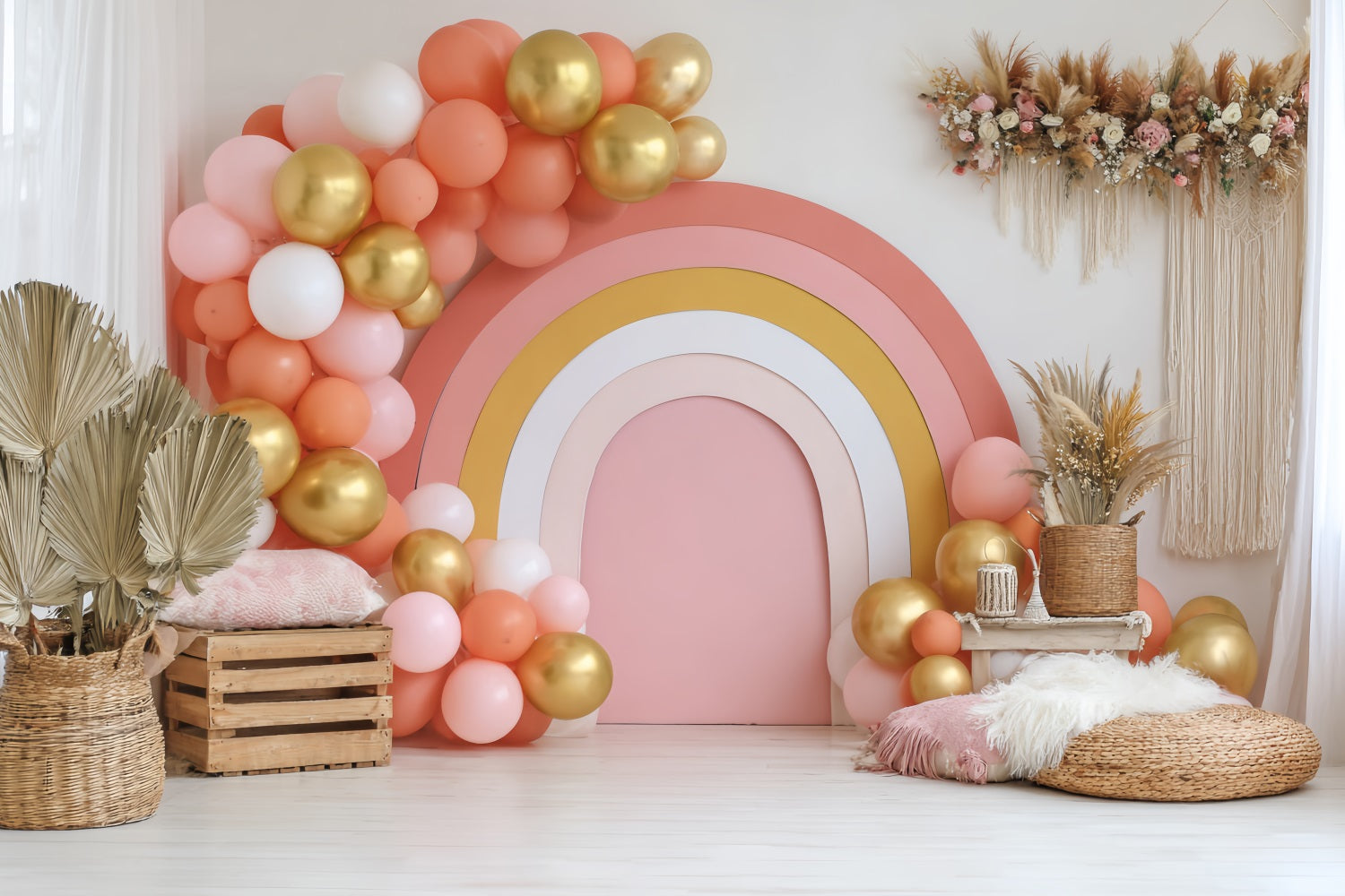 Cake Smash-Studiohintergründe Goldener Regenbogenballon-Aufbau Kuchenfotografie-Studiohintergründe TWW59-211