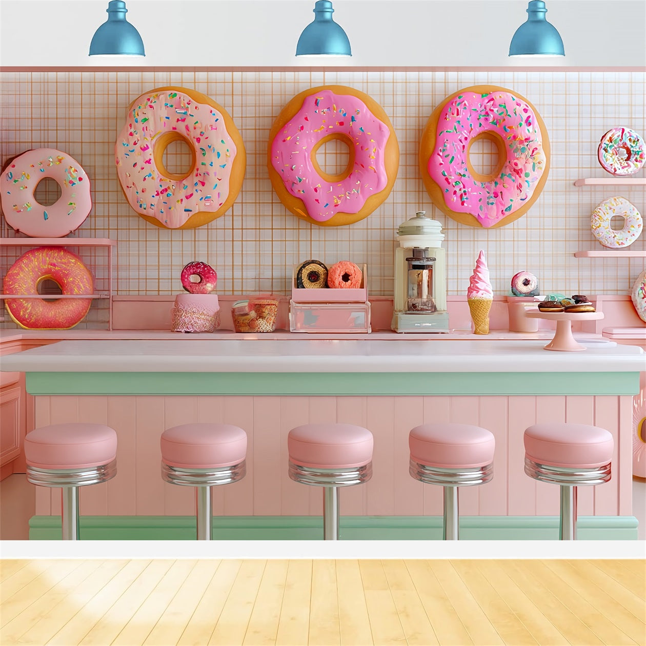 Cake Smash-Fotohintergrund Mädchen Rosa Donut Dessertbar Geburtstag Fotohintergrund TWW59-213