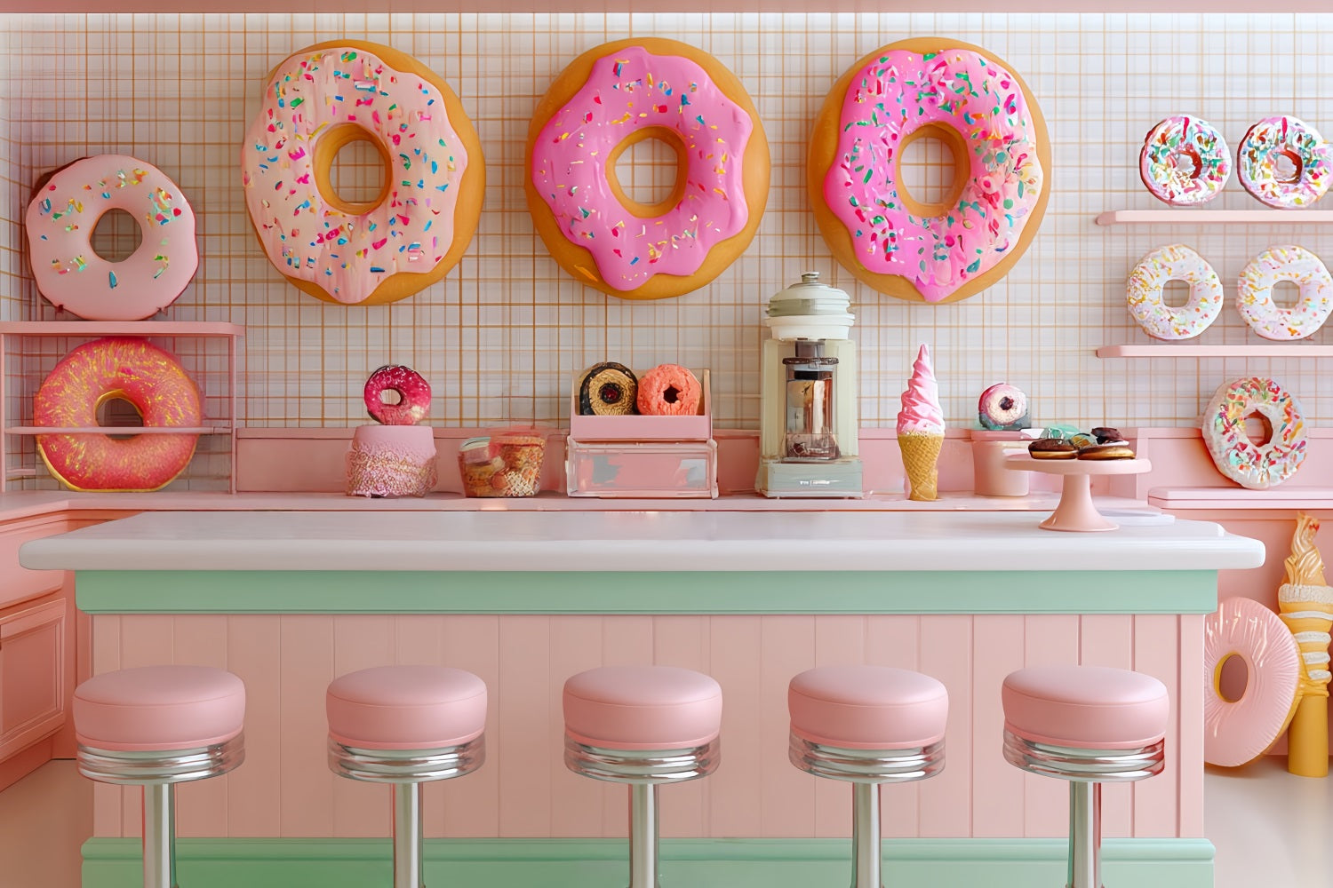 Cake Smash-Fotohintergrund Mädchen Rosa Donut Dessertbar Geburtstag Fotohintergrund TWW59-213