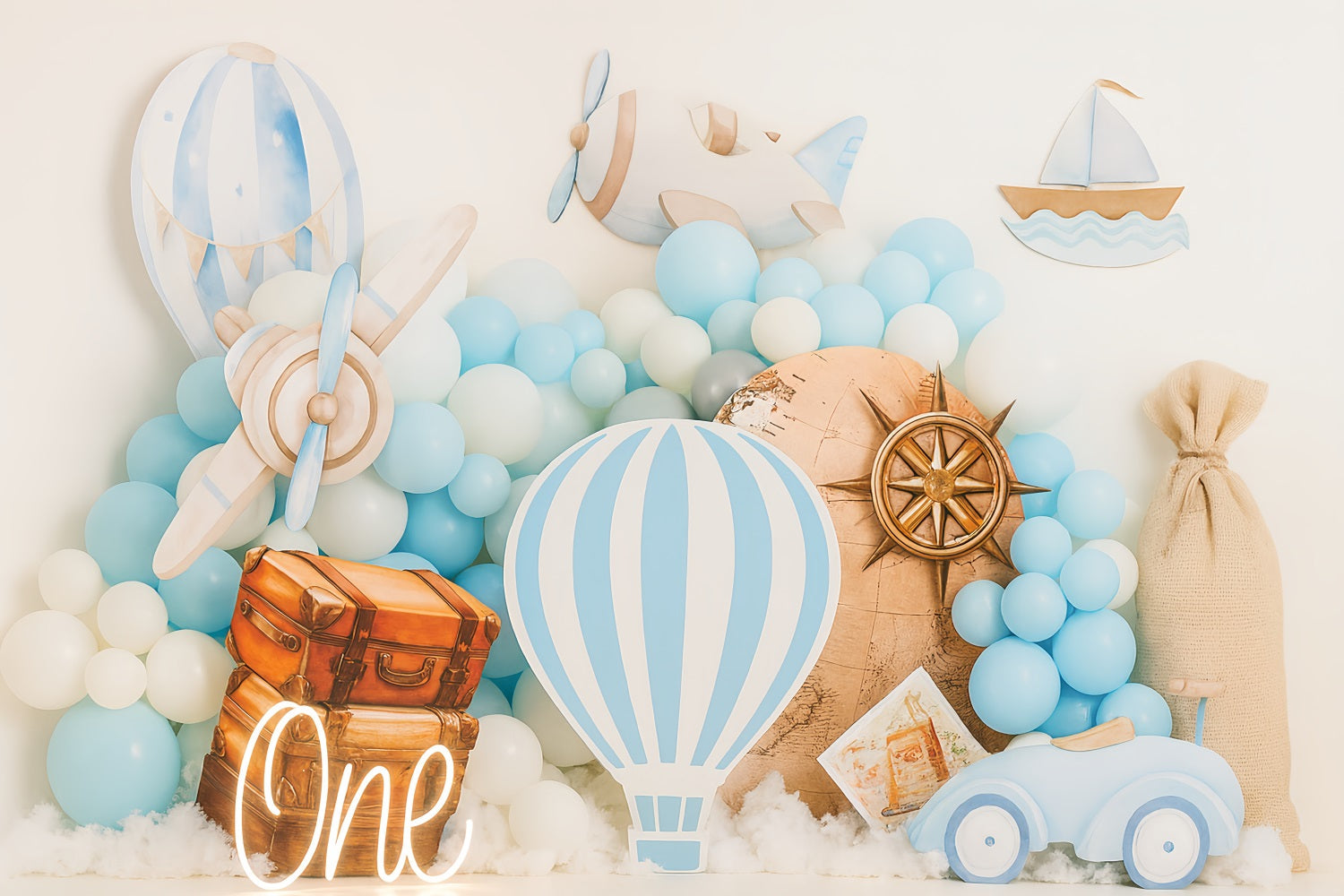 Kuchen-Smash-Fotohintergrund Blaues Reiseabenteuer-Motiv Geburtstags-Studiohintergründe TWW59-220