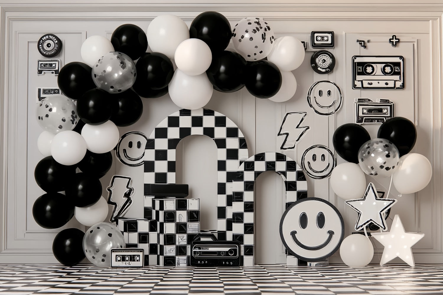 Kuchen-Smash-Fotografie-Fotohintergrund Retro-Schachbrettmuster Smile Party Geburtstag-Studiohintergründe TWW59-255