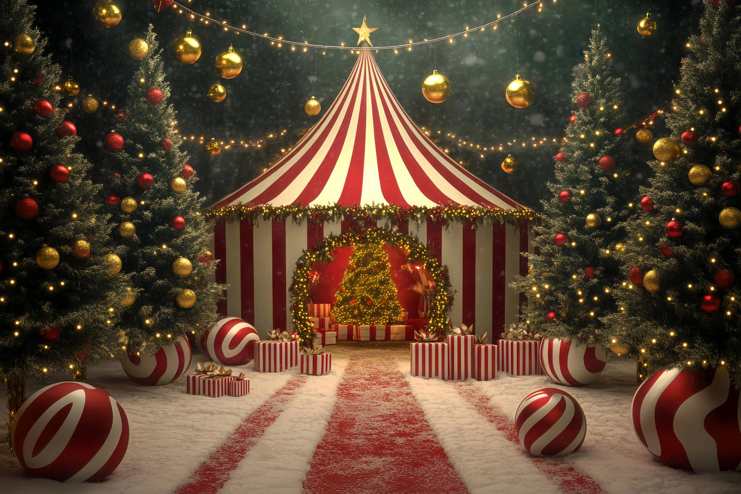 Weihnachtszirkus-Fotohintergrund Weihnachtsbaum Süßigkeiten Zirkuszelt Karnevalsfotohintergrund TWW59-33