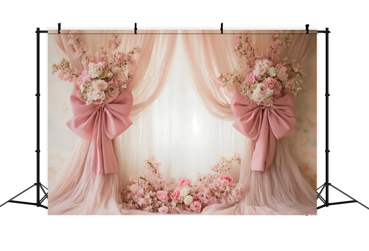 Hochzeit Vintage Blush Vorhänge Blumenschleifen Eleganter Hochzeitshintergrund TWW59-43