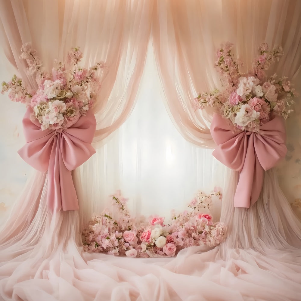 Hochzeit Vintage Blush Vorhänge Blumenschleifen Eleganter Hochzeitshintergrund TWW59-43