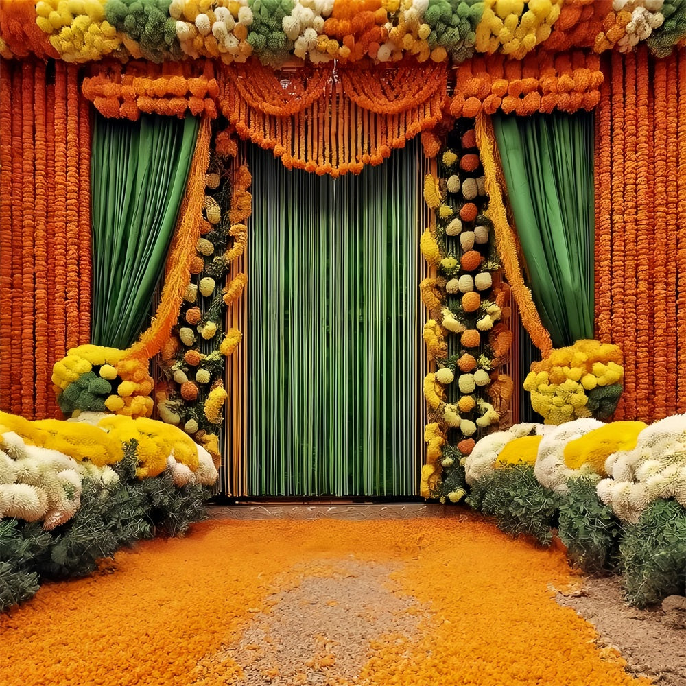 Hochzeit Indischer Fotohintergrund Lebhafte Ringelblumen-Blumengardinen Vintage-Hochzeitshintergrund TWW59-46