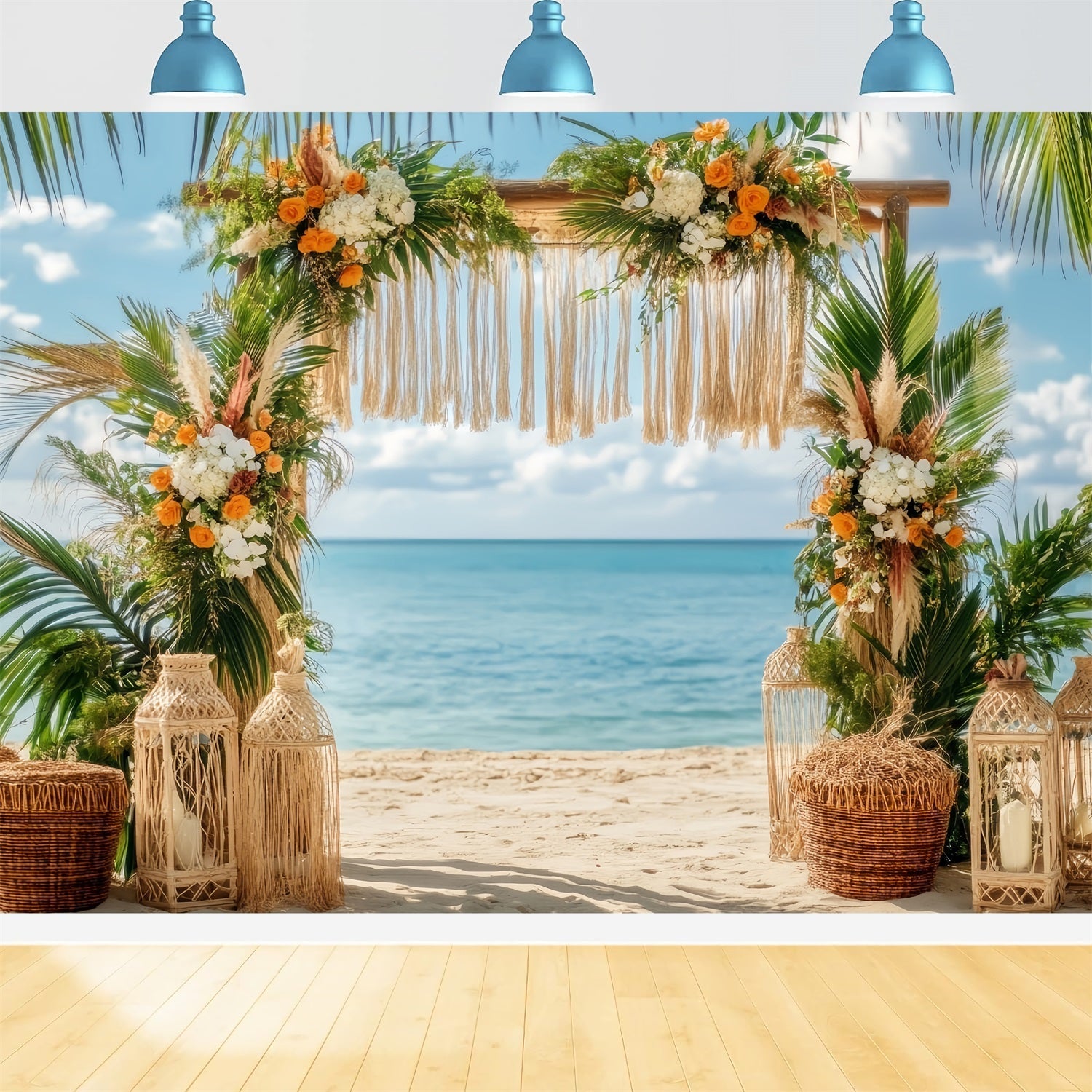 Hochzeits-Strandkulisse Tropischer Strand Blumenbogen Boho-Hochzeitskulisse TWW59-47