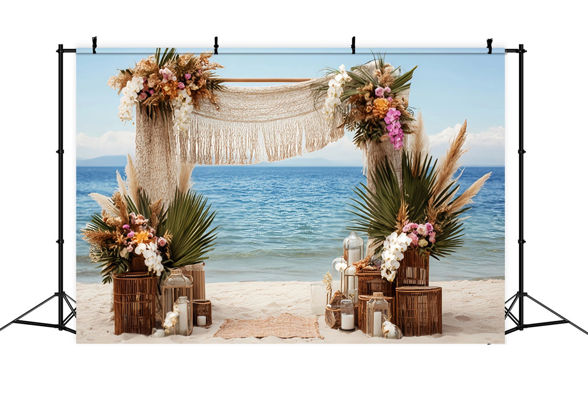 Hochzeits-Strandhintergrund Bohemian Seaside Makramee-Bogen Hochzeitshintergrund-Ideen TWW59-52