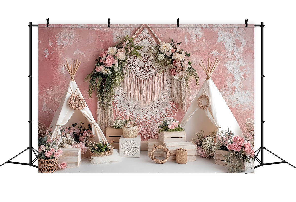 Hochzeit Boho-Fotohintergrund Bohemian Rosa Zelt Blumen Eleganter Hochzeitshintergrund TWW59-56