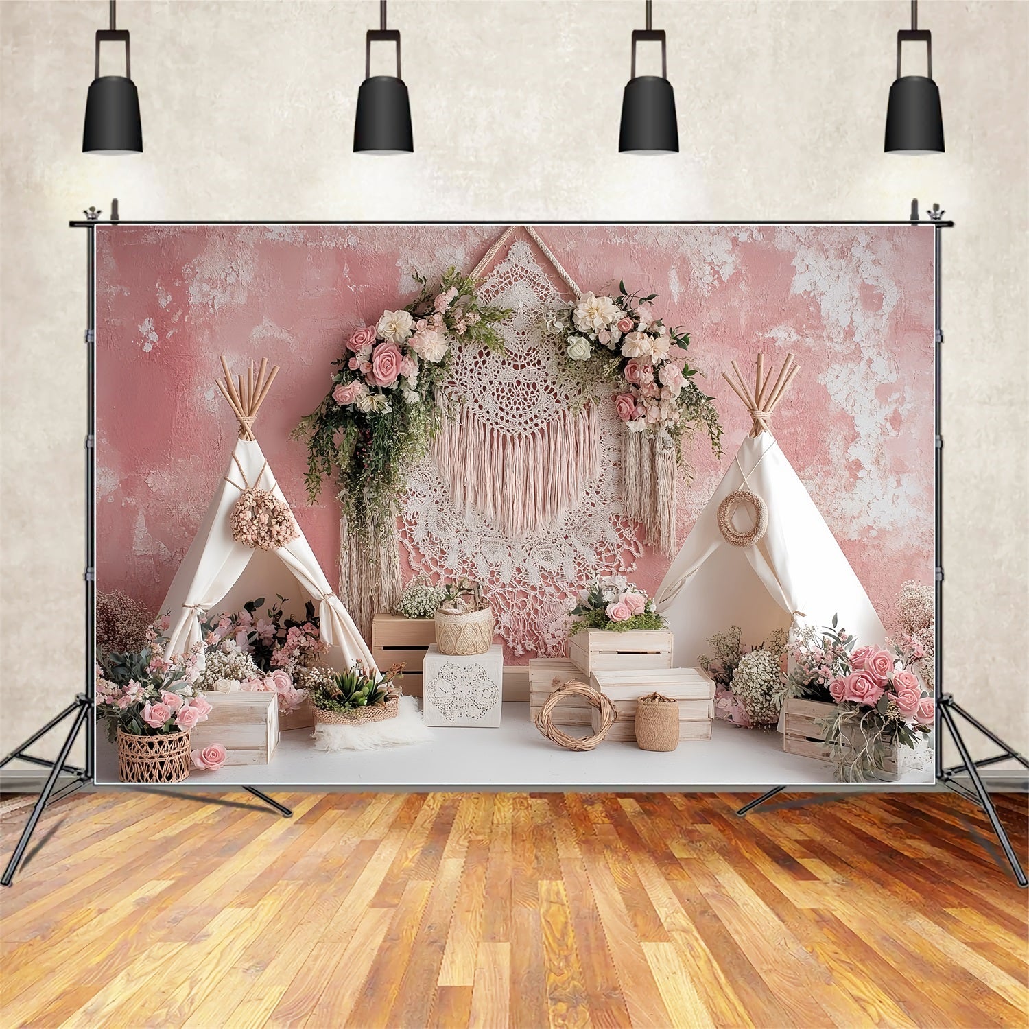 Hochzeit Boho-Fotohintergrund Bohemian Rosa Zelt Blumen Eleganter Hochzeitshintergrund TWW59-56