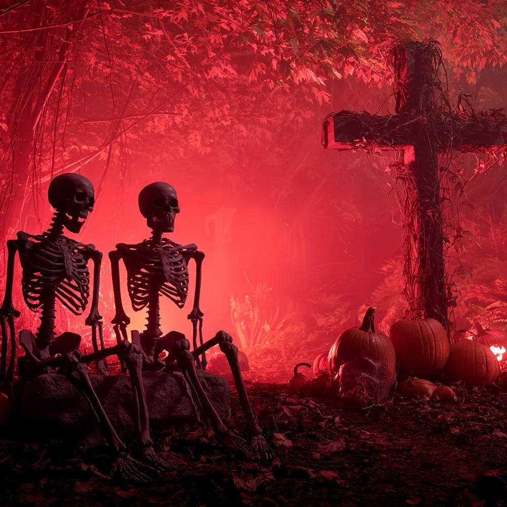 Halloween-Grusel-Fotohintergrund Skelett Friedhof Rotes Leuchten Gruseliger Halloween-Fotohintergrund TWW59-75
