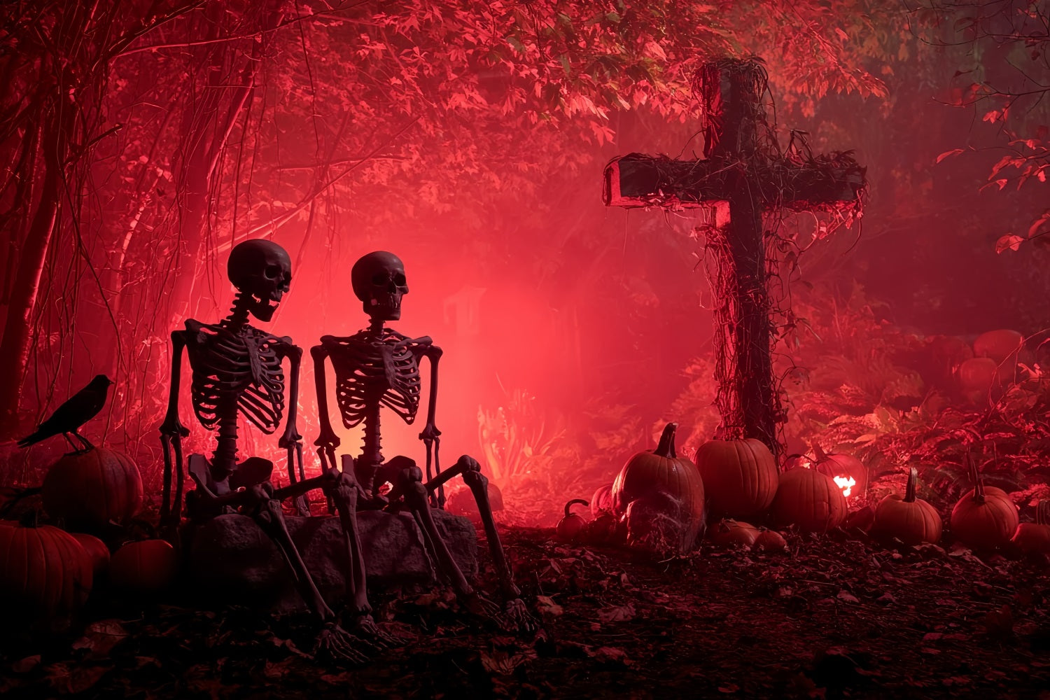 Halloween-Grusel-Fotohintergrund Skelett Friedhof Rotes Leuchten Gruseliger Halloween-Fotohintergrund TWW59-75