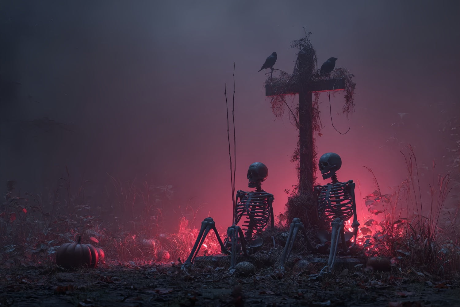 Halloween-Horror-Fotohintergrund Skelette Kreuz Roter Nebel Gruselige Halloween-Hintergründe TWW59-80