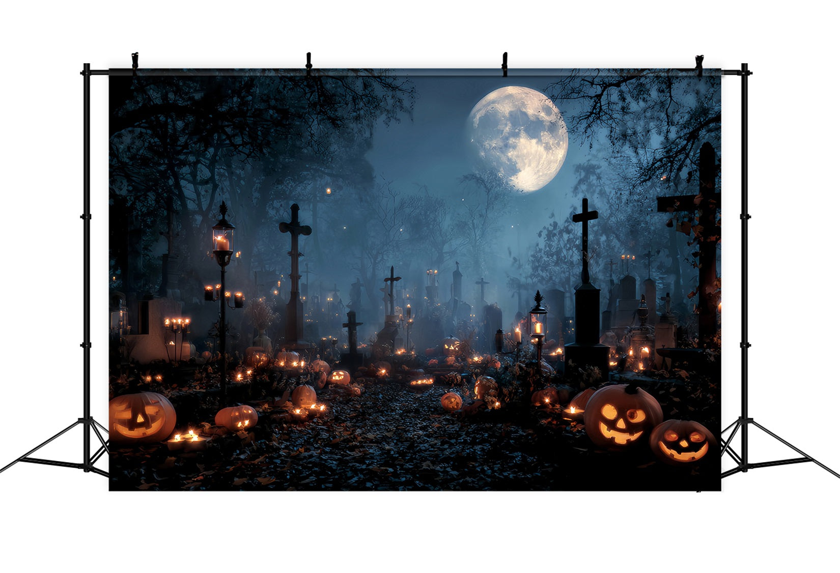 Halloween-Friedhof-Fotohintergrund Friedhof bei Kerzenschein Kürbiskreuze Halloween-Fotohintergrund TWW59-84