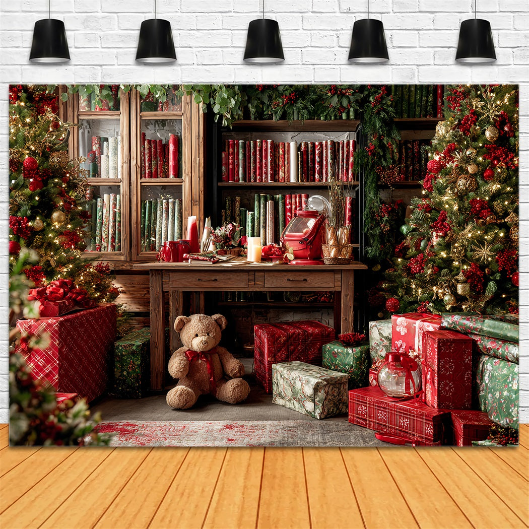 Weihnachtsmann-Werkstatt Fotohintergrund Weihnachtsgeschenkverpackung Gemütliche Bibliothek WeihnachtsFotohintergrund TWW59-85