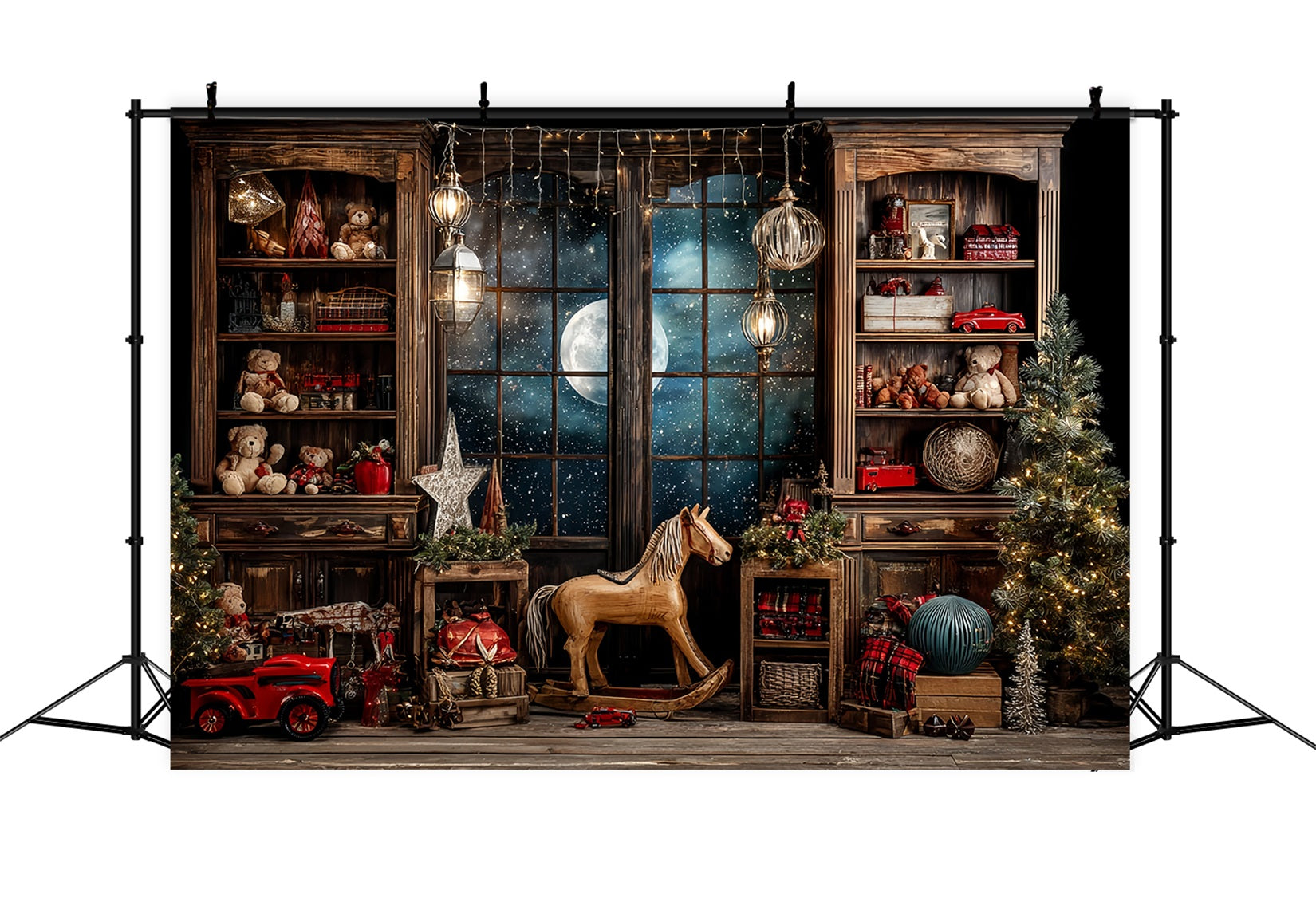 Weihnachtsmann-Werkstatt Fotohintergrund Sternennacht Fenster Spielzimmer Weihnachtshintergründe TWW59-86