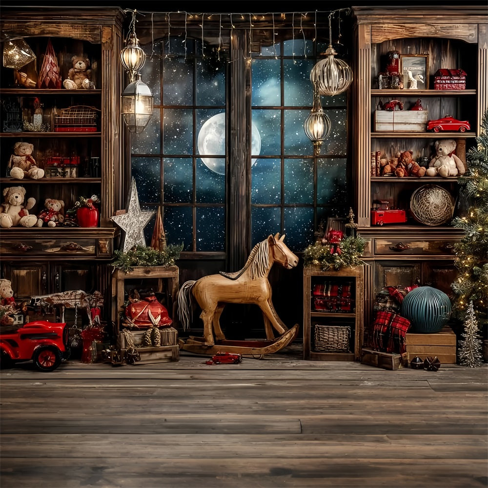 Weihnachtsmann-Werkstatt Fotohintergrund Sternennacht Fenster Spielzimmer Weihnachtshintergründe TWW59-86