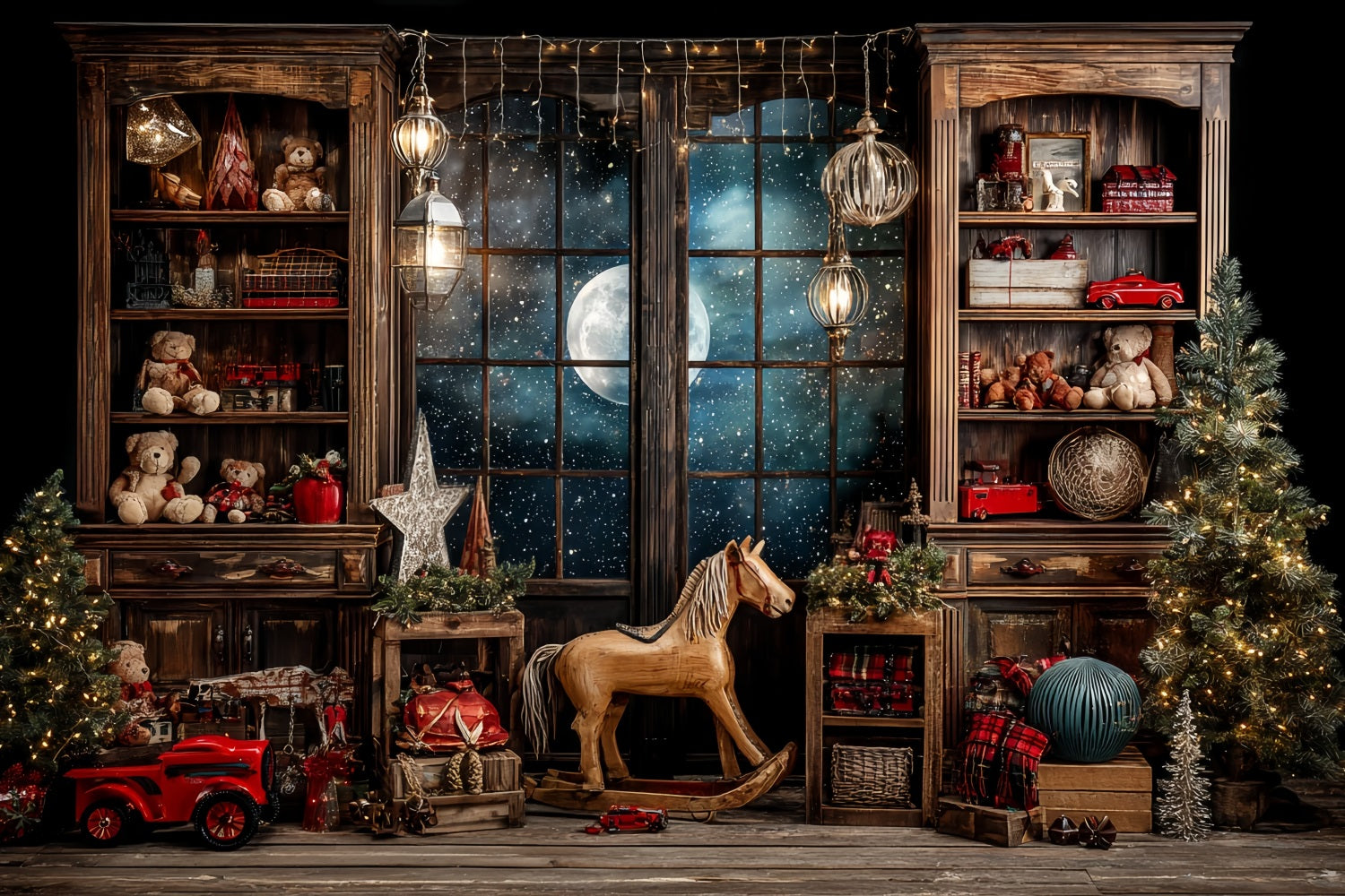 Weihnachtsmann-Werkstatt Fotohintergrund Sternennacht Fenster Spielzimmer Weihnachtshintergründe TWW59-86