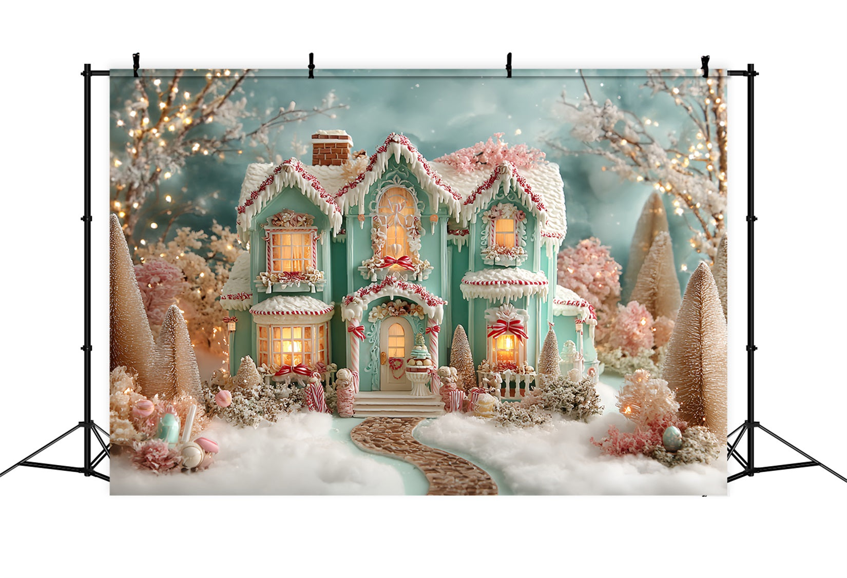 Lebkuchenhaus Fotohintergrund Frostige Pastell-Lebkuchenvilla Weihnachtsfoto Fotohintergrund TWW59-93