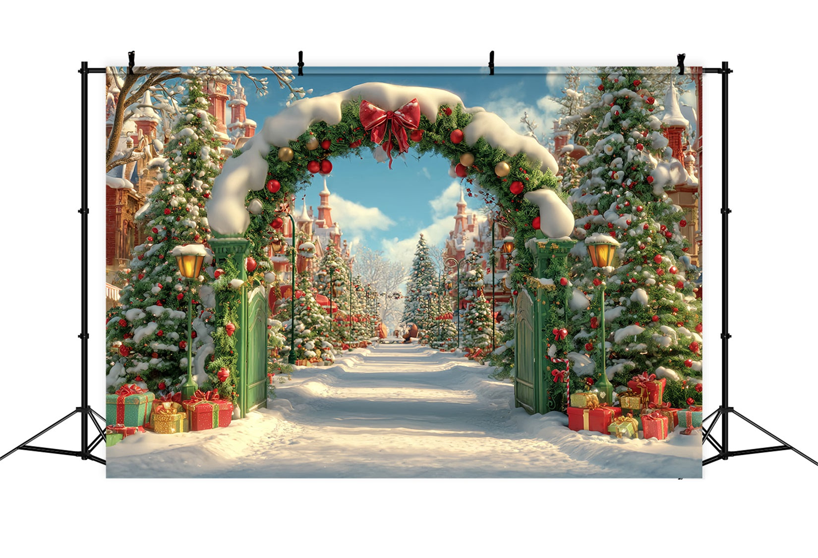 Weihnachts-Land Fotohintergrund Verschneites Dorf Torbogen Weihnachtsfoto-Hintergründe TWW59-96