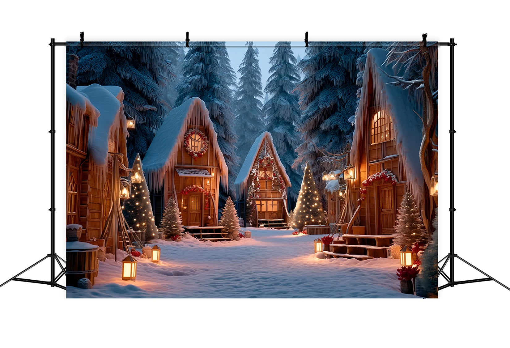 Weihnachts-Land Fotohintergrund Verschneite Hütte Winterdorf Weihnachtshintergründe TWW59-98