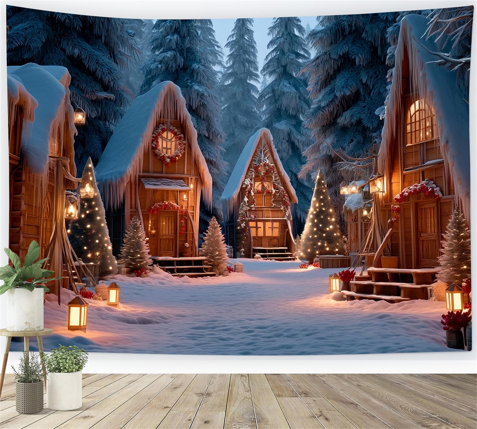 Weihnachts-Land Fotohintergrund Verschneite Hütte Winterdorf Weihnachtshintergründe TWW59-98
