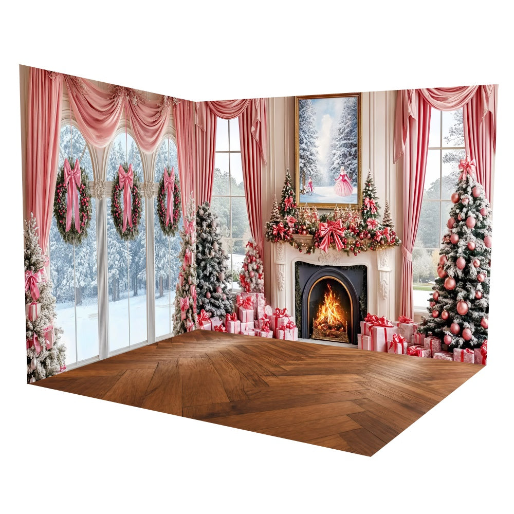 Weihnachts-Fotokulissen Rosa Girlande Kamin-Hintergrund Raum-Set TWW6-104