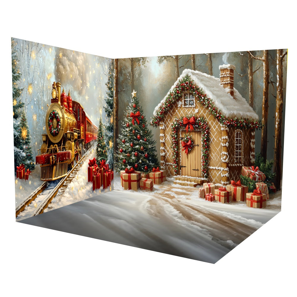 Professionelle Weihnachtshintergründe Festlicher Zug Landhaushintergrund Raumset TWW6-105