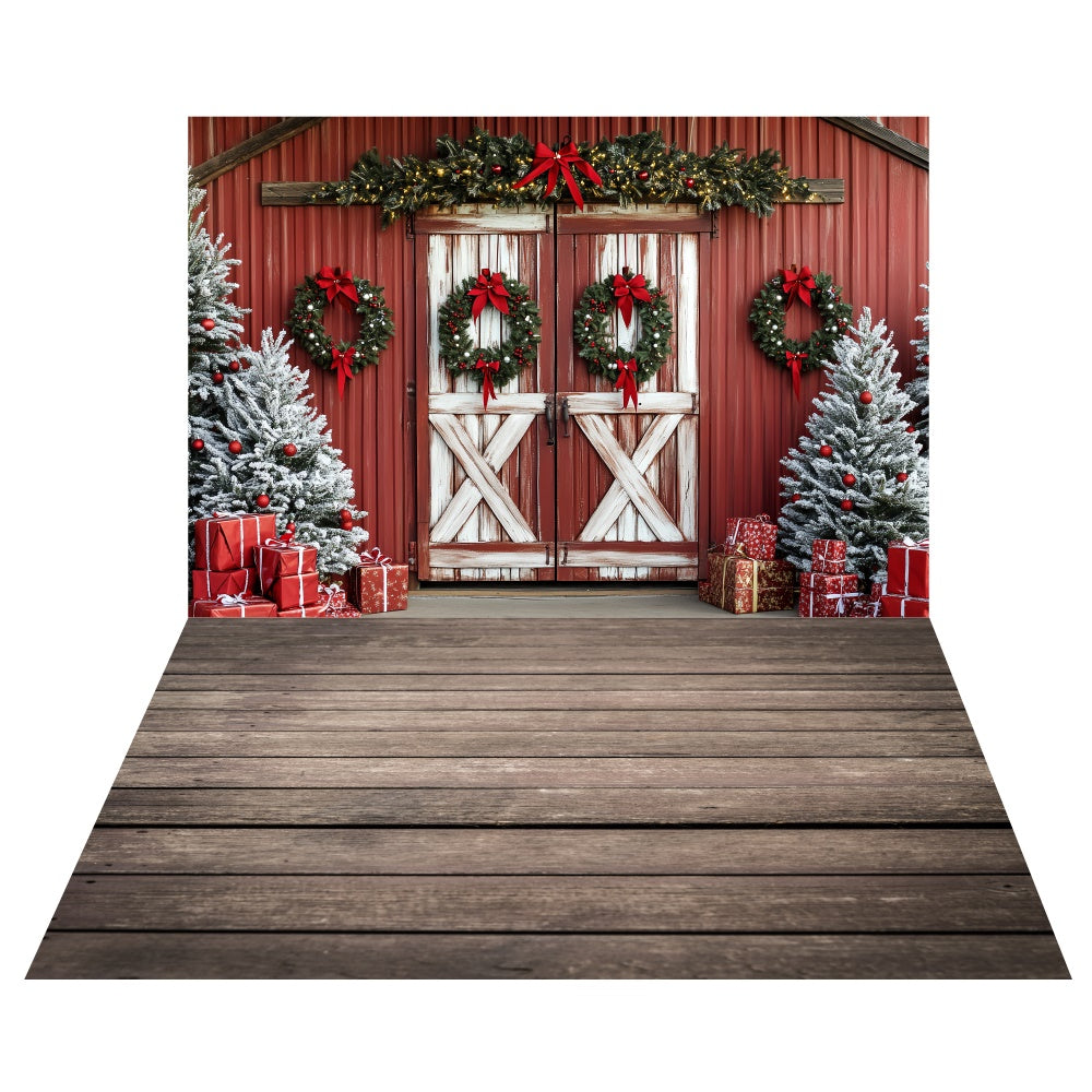 Rotes Scheunen-Weihnachts-Hintergrundbild+Holzdielen-Boden-Hintergrundbild TWW6-114
